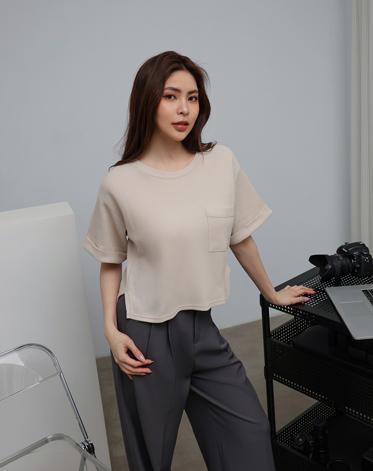 MIT WAFFLE CREW NECK CUFFED SLEEVE TOP