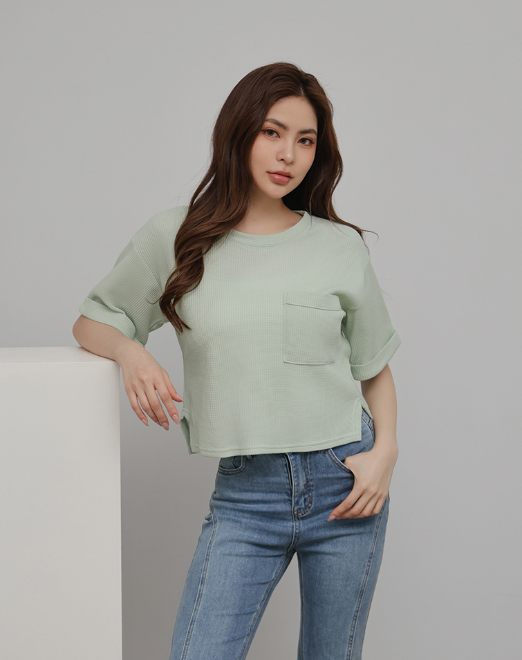 MIT WAFFLE CREW NECK CUFFED SLEEVE TOP