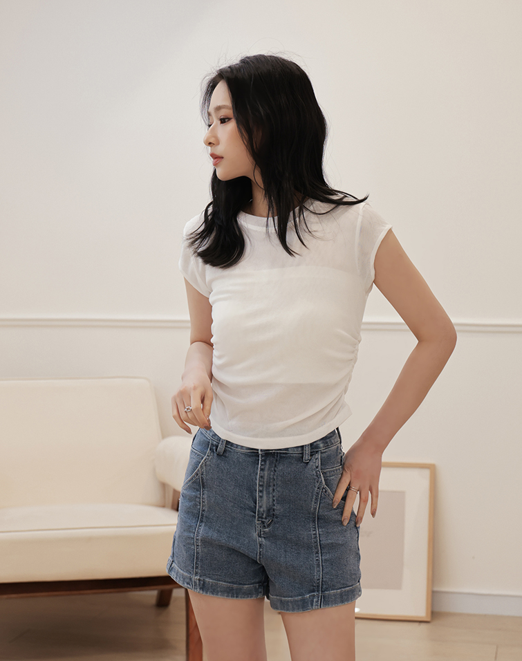 SOLID COLOR ROUND NECK WAISTED TOP