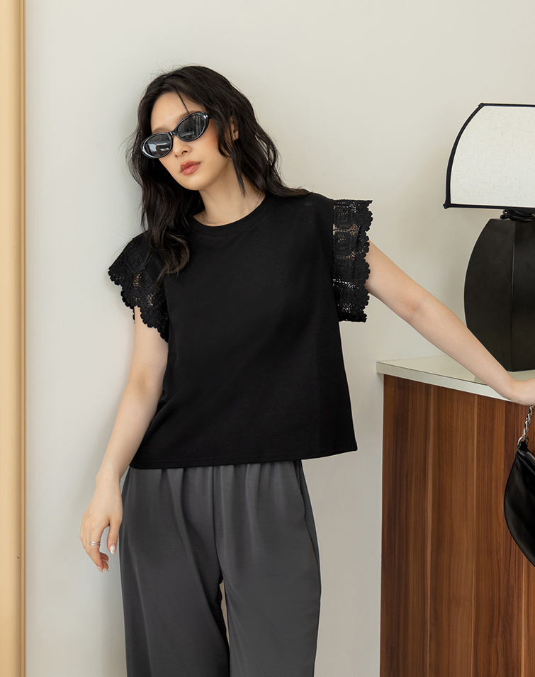 SOLID COLOR SOFT LACE-TRIMMED TOP