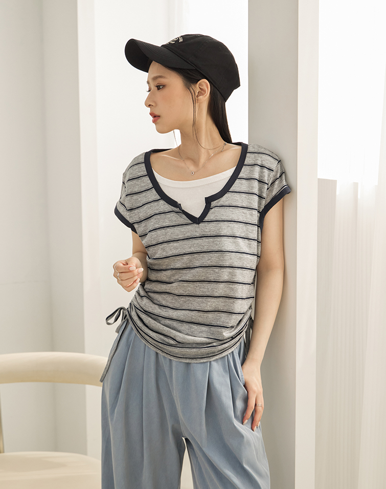 LAYERED STRIPED WAIST-TIE TOP