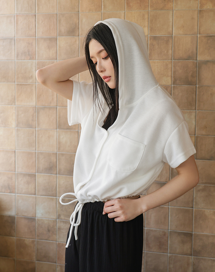 DRAWSTRING HOODED SOFT-KNIT TOP
