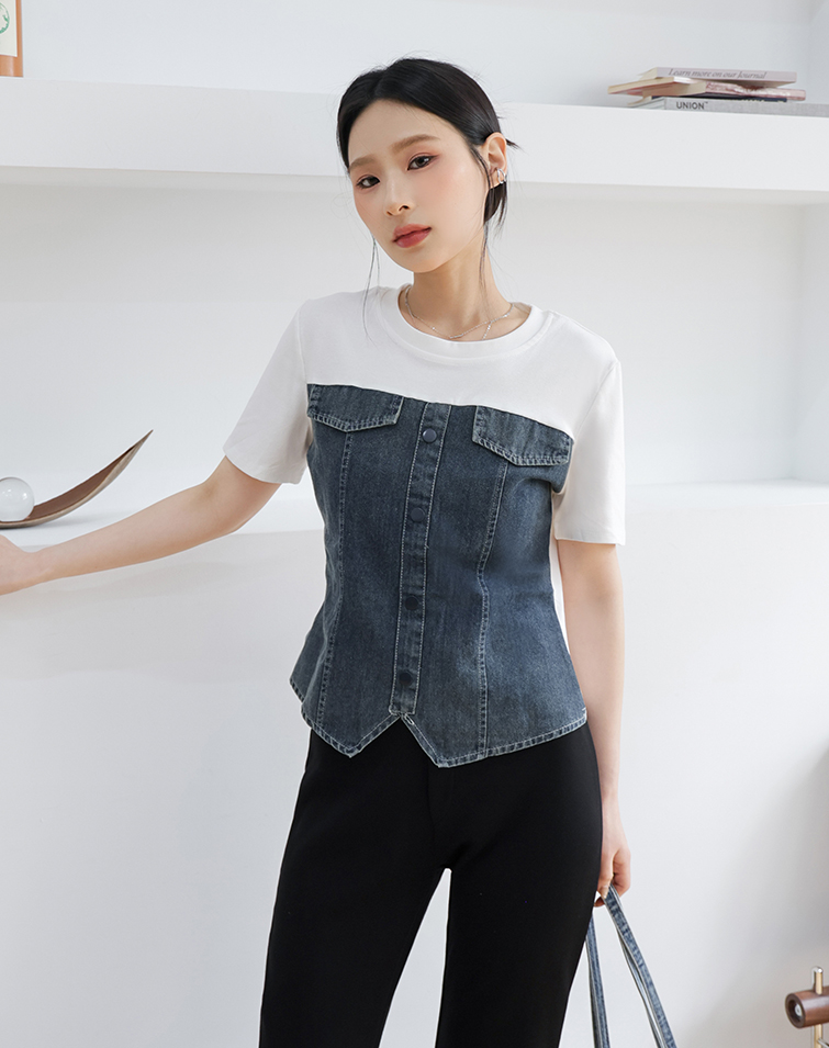 PATCHWORK WASHED DENIM TOP