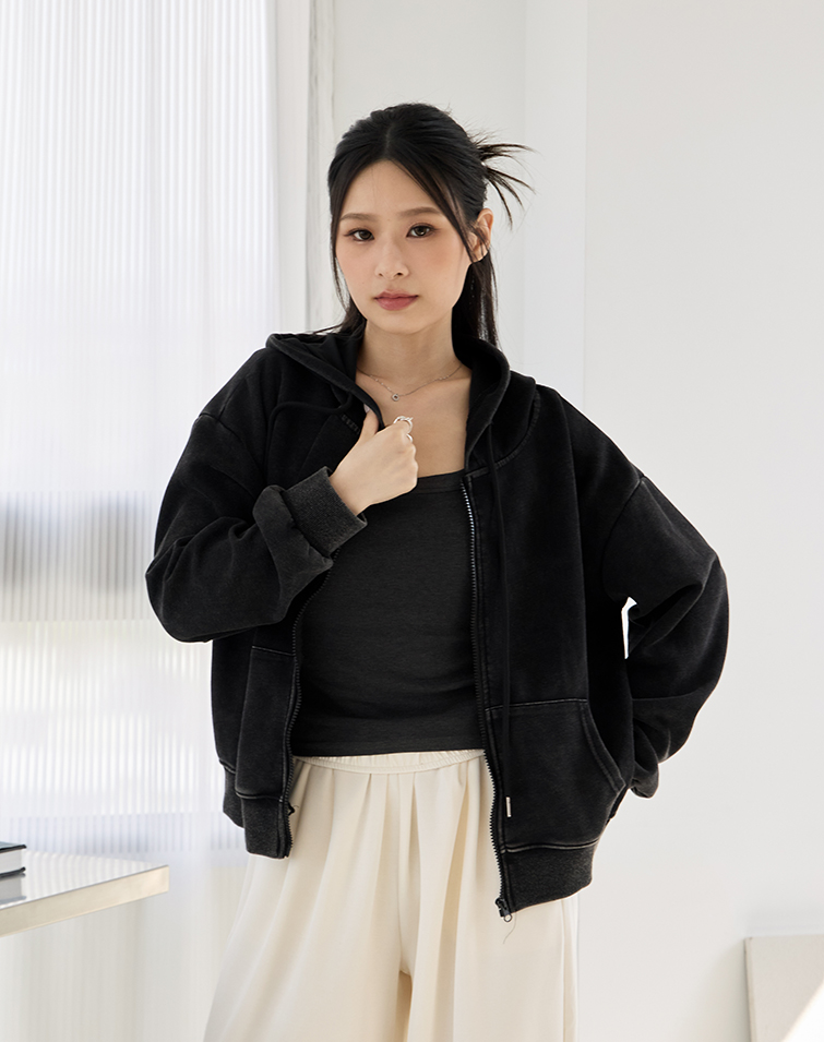 WASHED TEXTURE LONG-SLEEVE HOODED JACKET