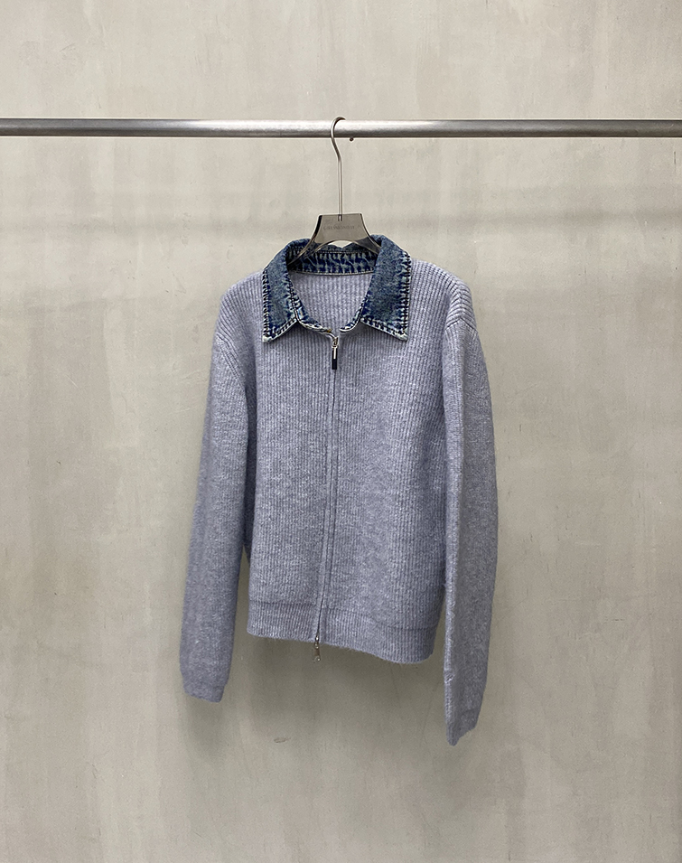 DENIM-COLLAR KNIT MIX JACKET