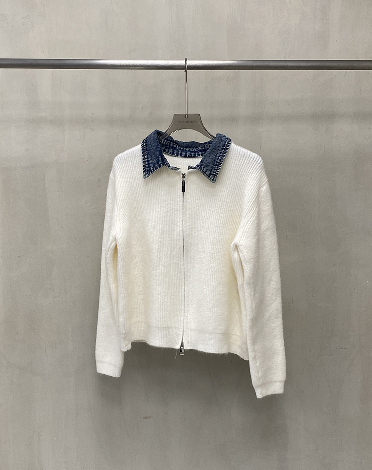 DENIM-COLLAR KNIT MIX JACKET