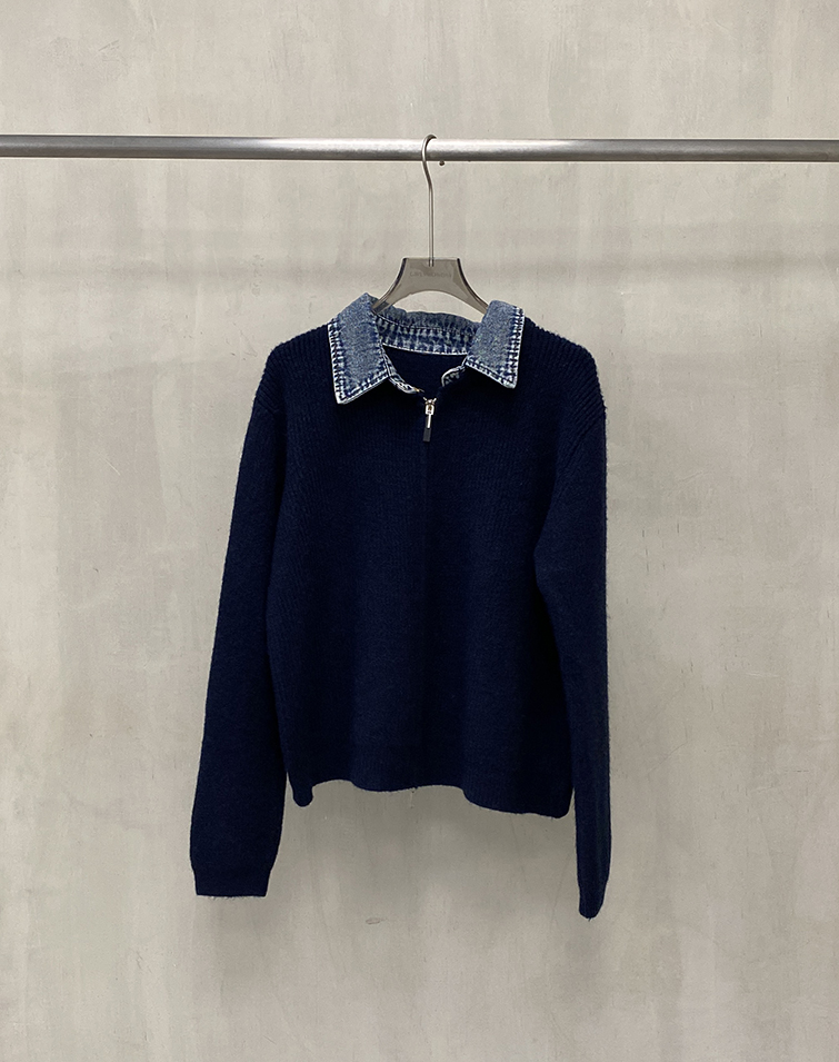 DENIM-COLLAR KNIT MIX JACKET