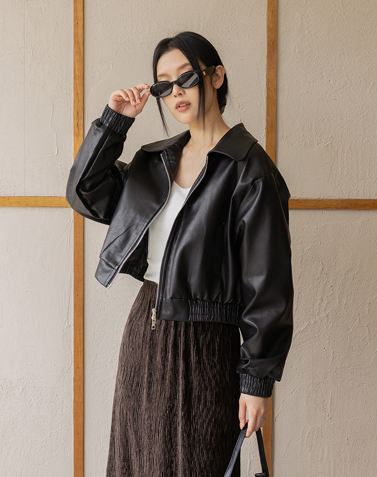 CINCHED LAPEL ZIP LEATHER JACKET