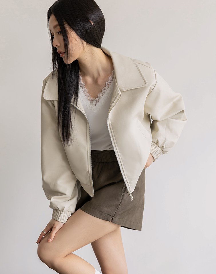 CINCHED LAPEL ZIP LEATHER JACKET