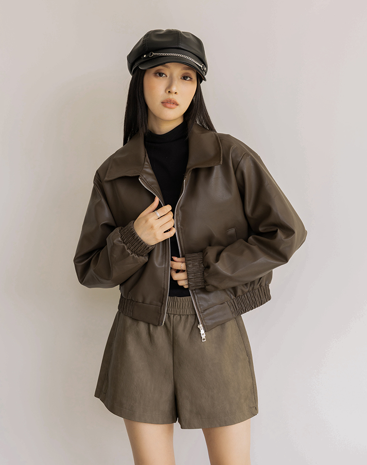 CINCHED LAPEL ZIP LEATHER JACKET