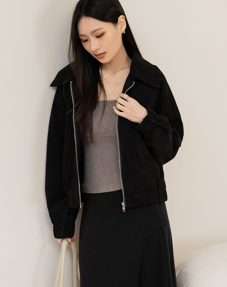 Suede Collared Waist-Defined Zip Jacket