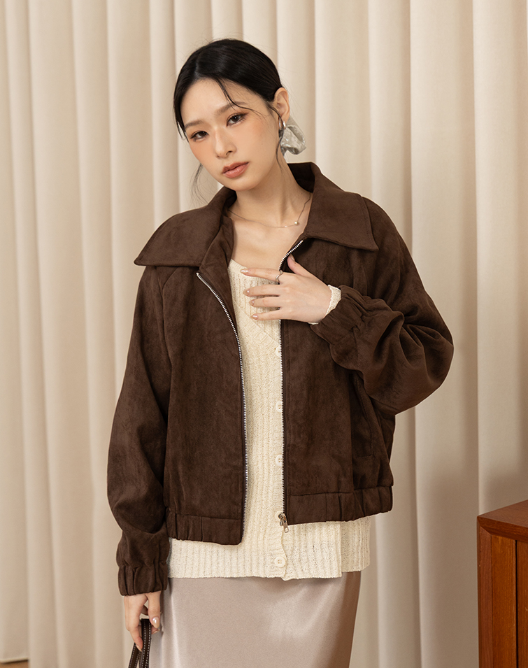 Suede Collared Waist-Defined Zip Jacket