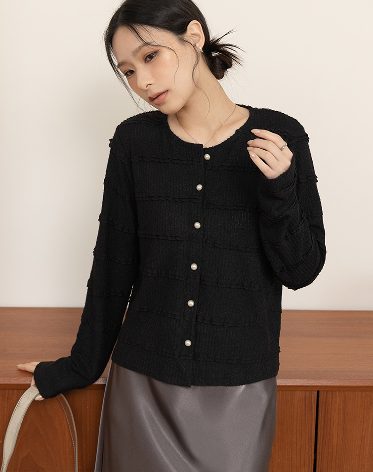 TEXTURED-WAVE PEARL-BUTTON CARDIGAN