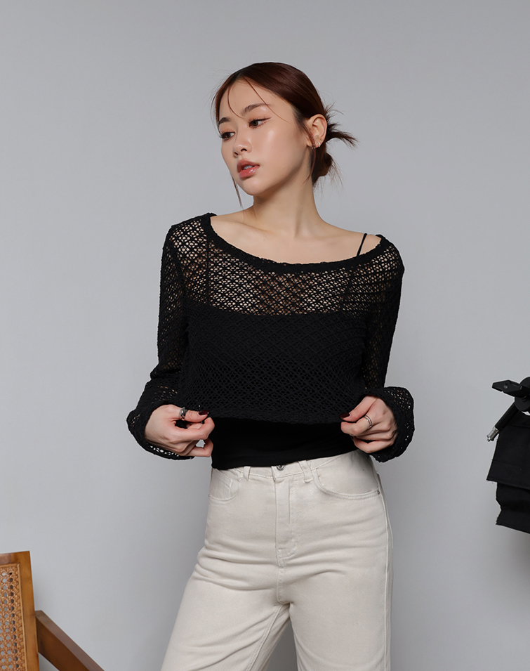 EYELET KNIT LONG-SLEEVE TOP