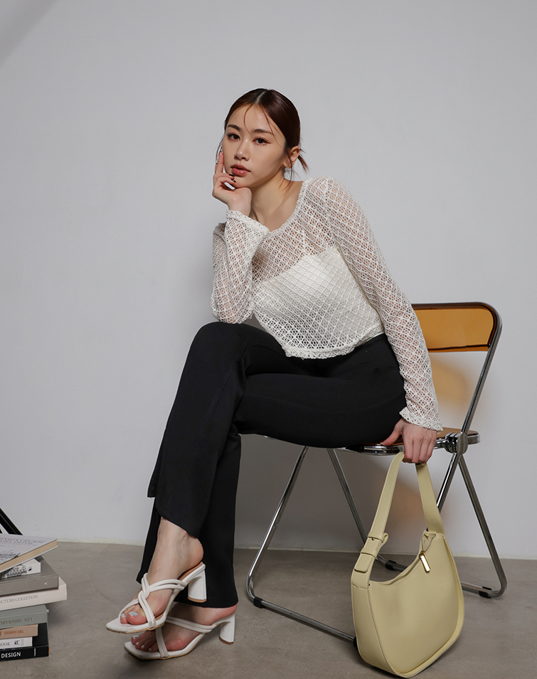 EYELET KNIT LONG-SLEEVE TOP