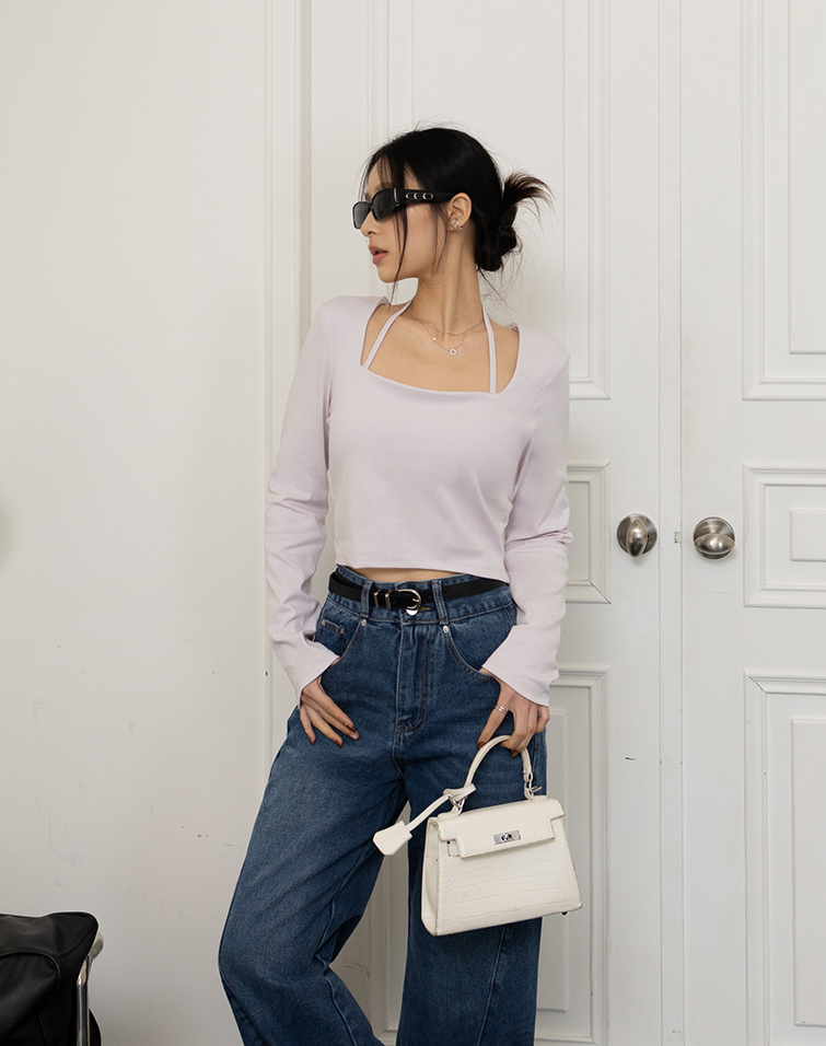 SQUARE NECK HALTER LONG-SLEEVE PADDED TOP