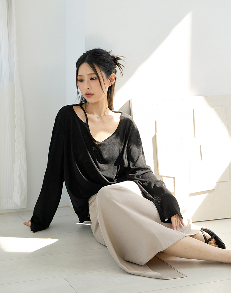LIGHTWEIGHT SHEER CUTOUT LONG-SLEEVE TOP