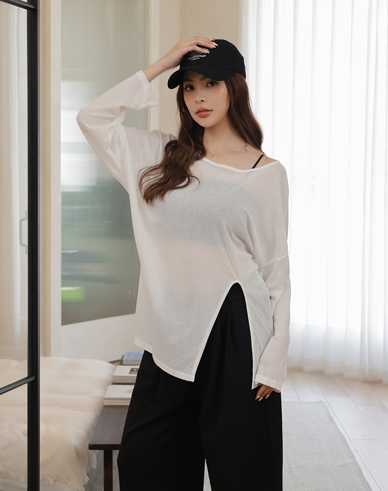 LIGHTWEIGHT SHEER BACK CUTOUT LONG-SLEEVE TOP