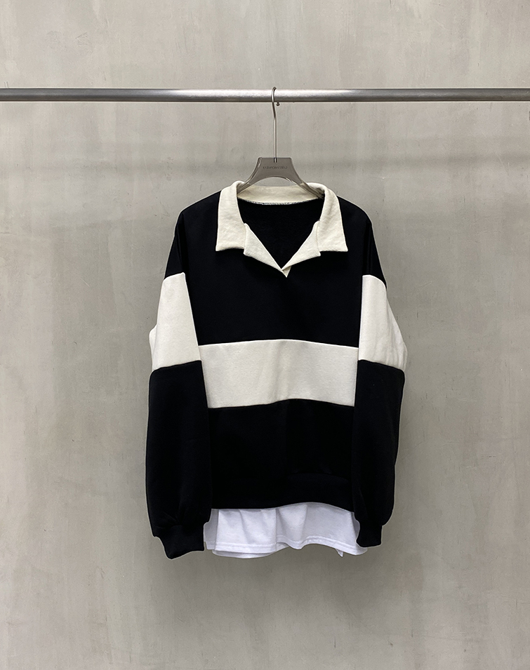 STRIPED FLEECE-LINED COLLARED TOP