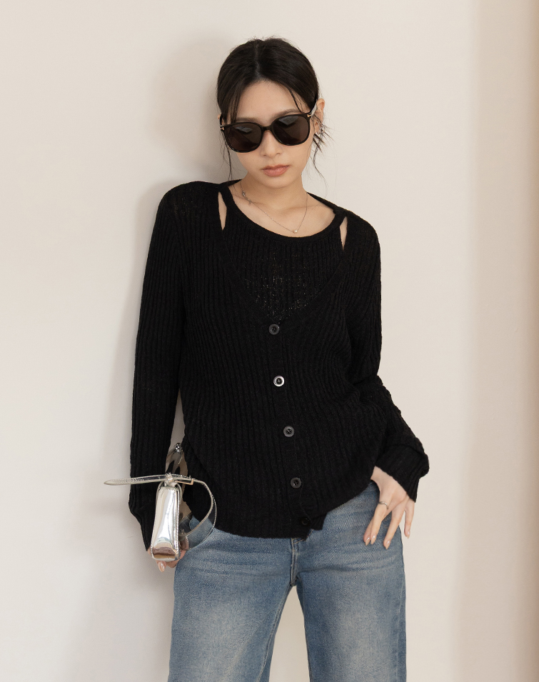 Lightweight Open-Knit Faux 2-Piece Top