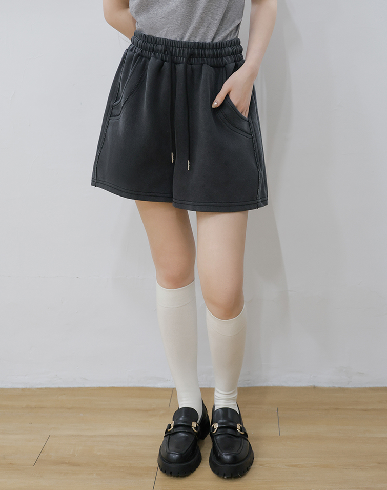 CHARCOAL WASHED ELASTIC SHORTS
