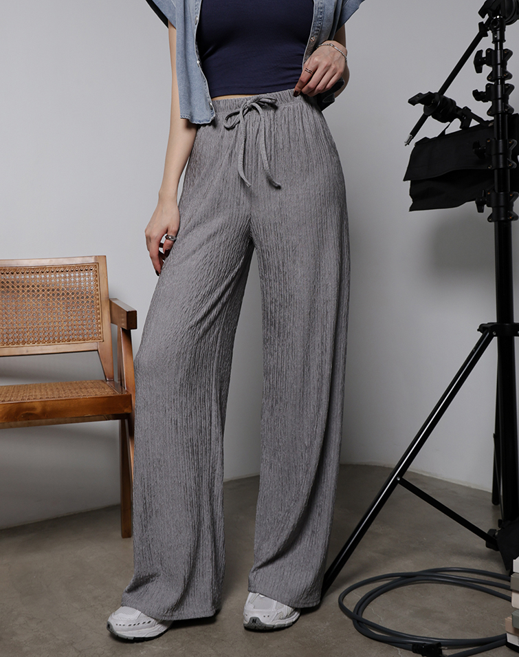 DRAWSTRING WAVY STRAIGHT-LEG WIDE PANTS