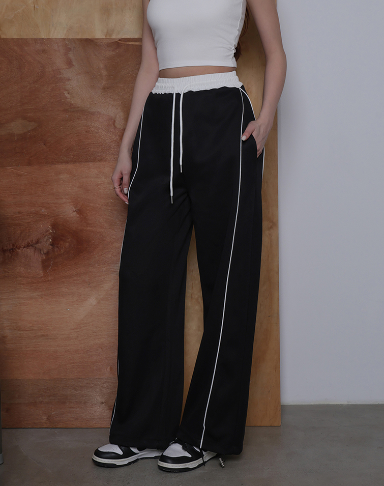 CONTRAST TRIM CASUAL FLORAL WIDE-LEG PANTS.