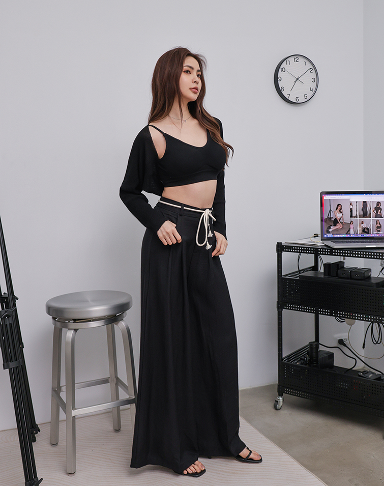 LINEN BASIC STYLE TIE-WAIST WIDE LEG PANTS