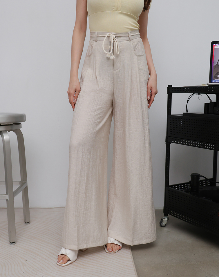 LINEN BASIC STYLE TIE-WAIST WIDE LEG PANTS
