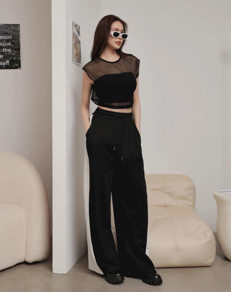 FLORAL GAUZE COTTON FEEL ELASTIC WAIST PANTS