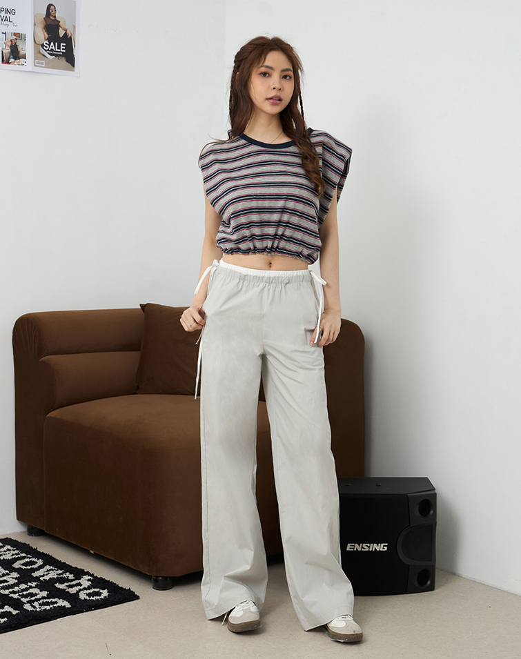 SLEEK SOLID COLOR ELASTIC WAIST LONG PANTS