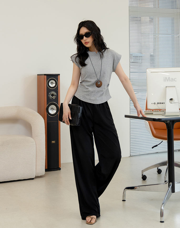 ELASTIC WAIST SLIMMING SOLID COLOR PANTS