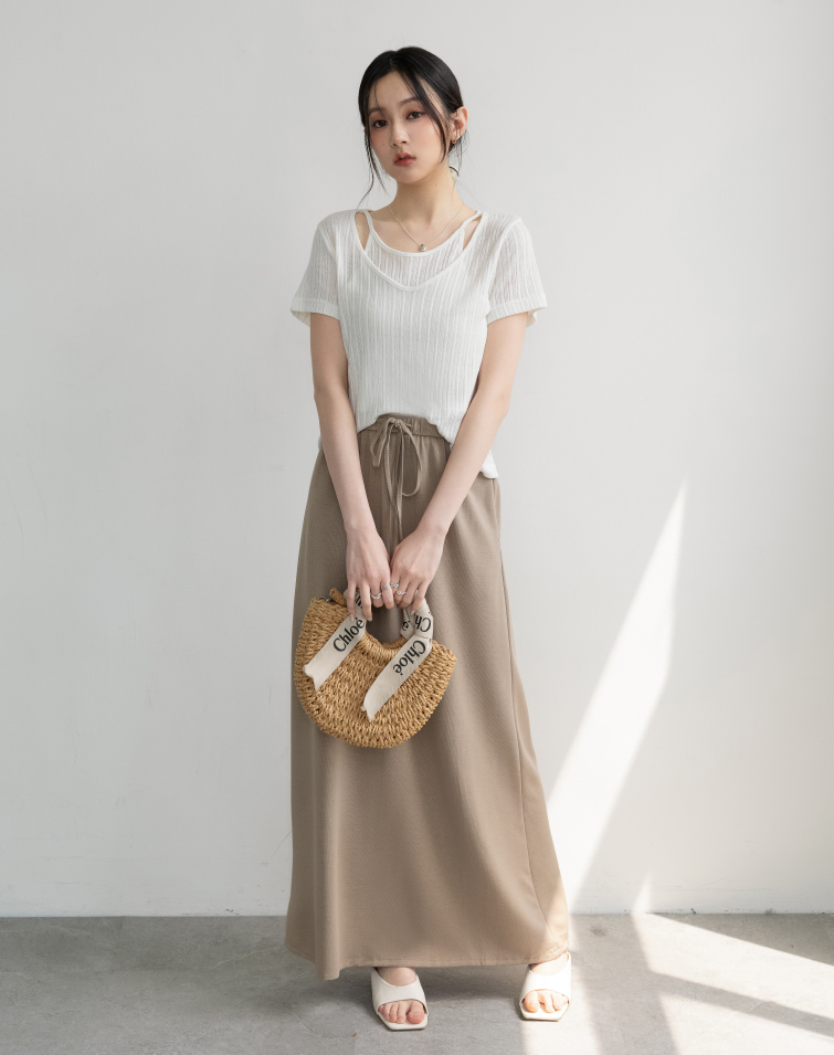 SOLID ELASTIC WAIST SHAPING MAXI SKIRT