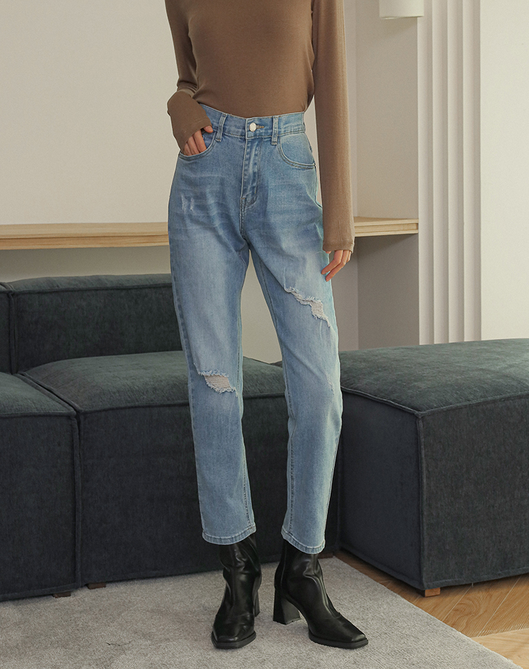 STYLISH RIPPED DETAIL ELASTICATED WAIST JEANS