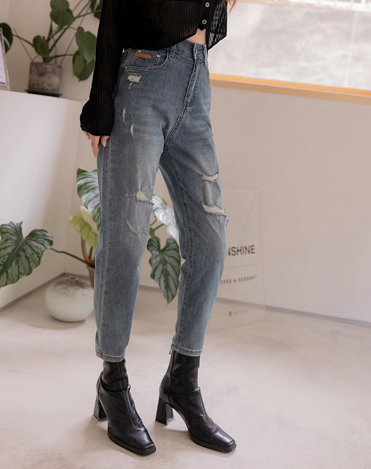 MINI LEATHER LABEL RIPPED JEANS