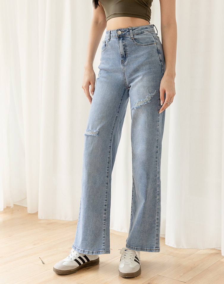 STRETCHY RIPPED STRAIGHT CLASSIC JEANS