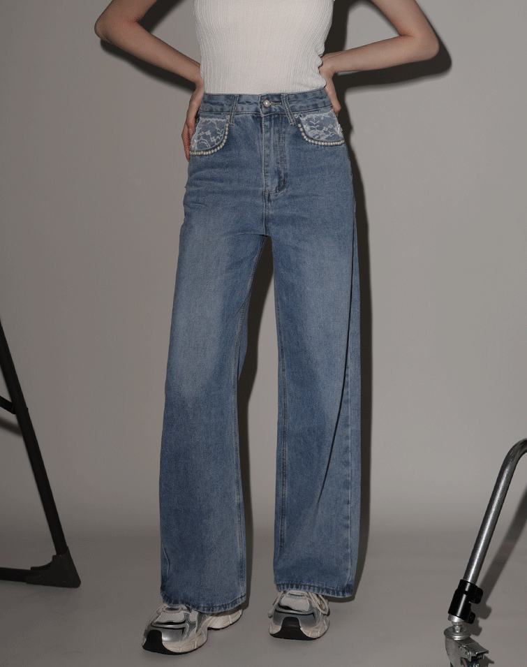 LACE POCKET DENIM PANTS