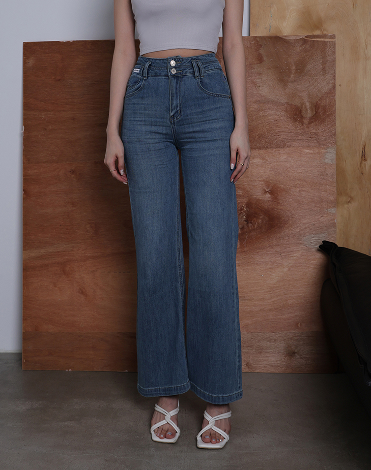 CLASSIC DOUBLE-BUTTON DENIM WIDE-LEG PANTS
