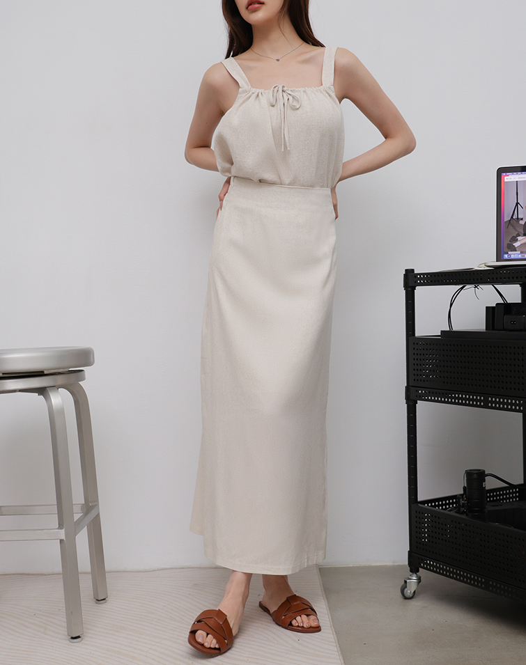 LINEN-STYLE ELASTIC WAIST LONG SKIRT