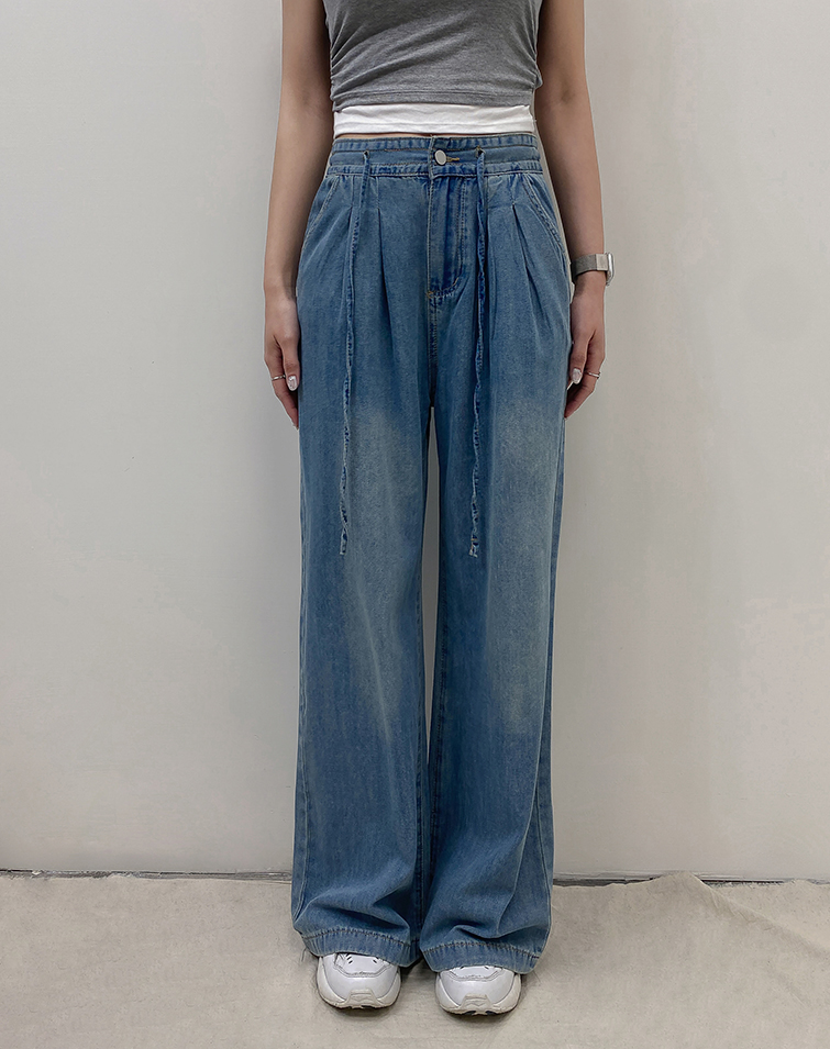ELASTIC WAIST DRAWSTRING WASHED DENIM JEANS
