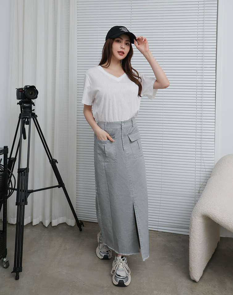 VINTAGE FRINGE FRONT SLIT DENIM SKIRT
