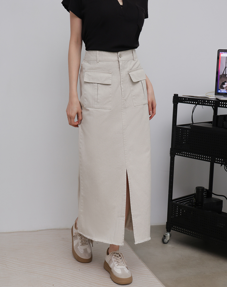 VINTAGE FRINGE FRONT SLIT DENIM SKIRT