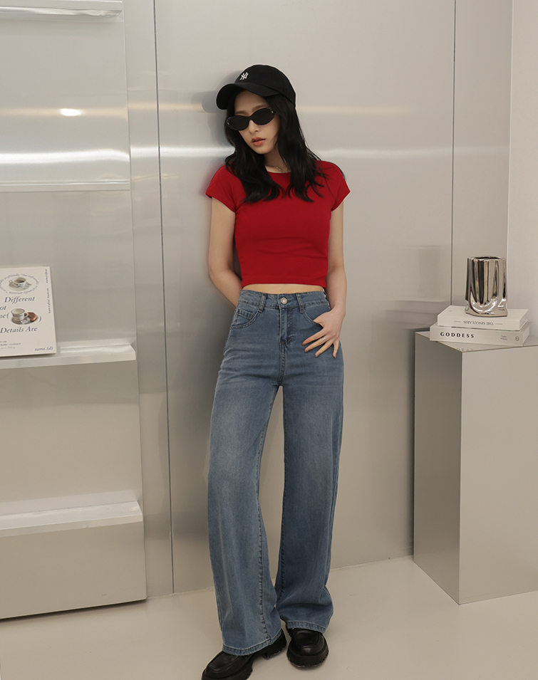 BASIC BLEACHED DENIM STRAIGHT-LEG PANTS