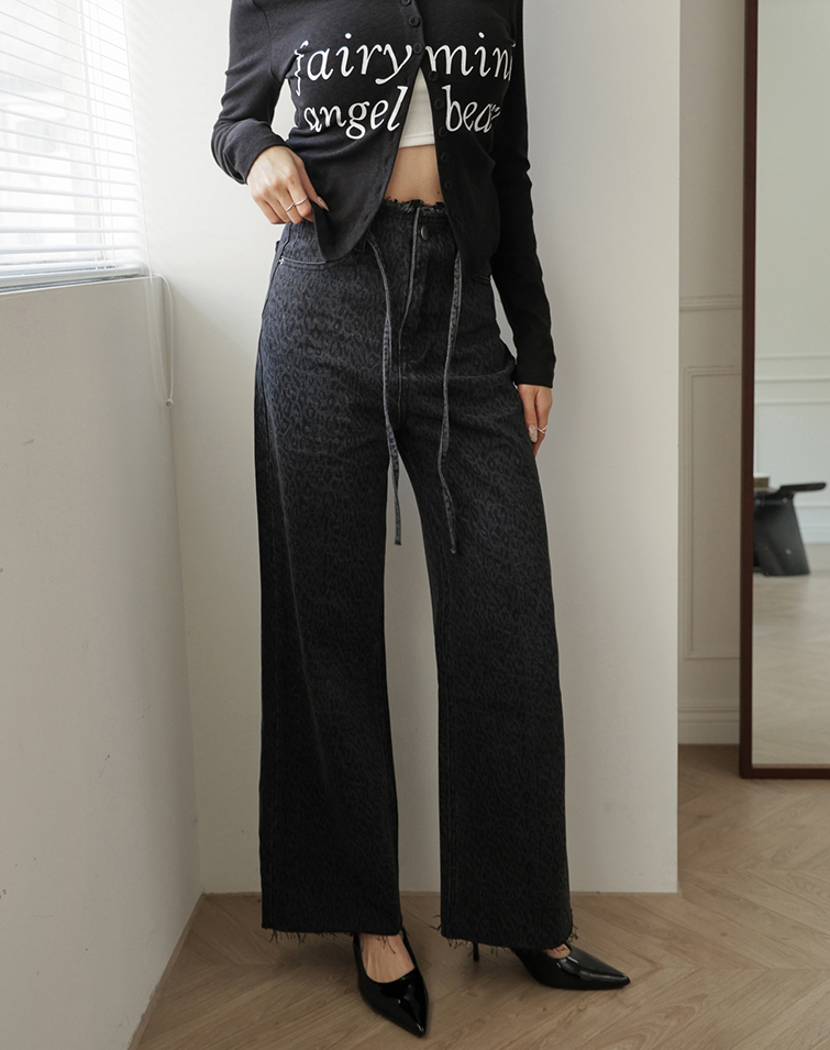 DRAWSTRING DENIM LEOPARD PRINT JEANS