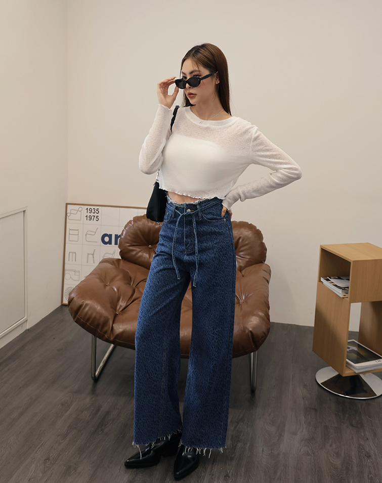 DRAWSTRING DENIM LEOPARD PRINT JEANS