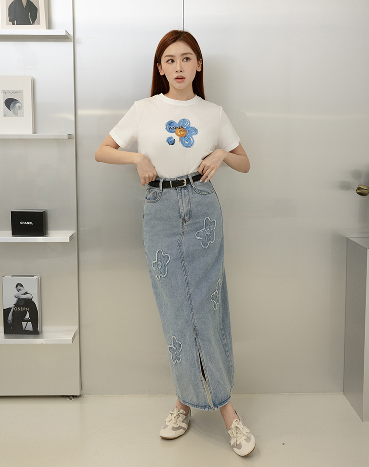 FLORAL A-LINE DENIM SKIRT
