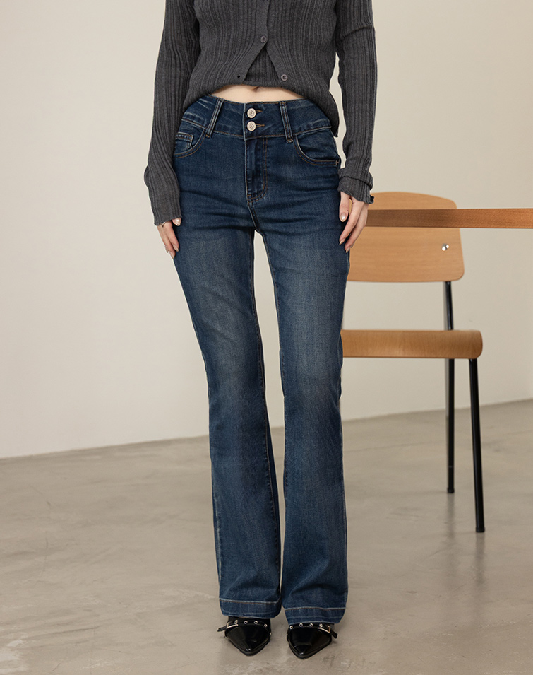DOUBLE-BUTTON CINCHED DENIM MICRO-FLARE JEANS