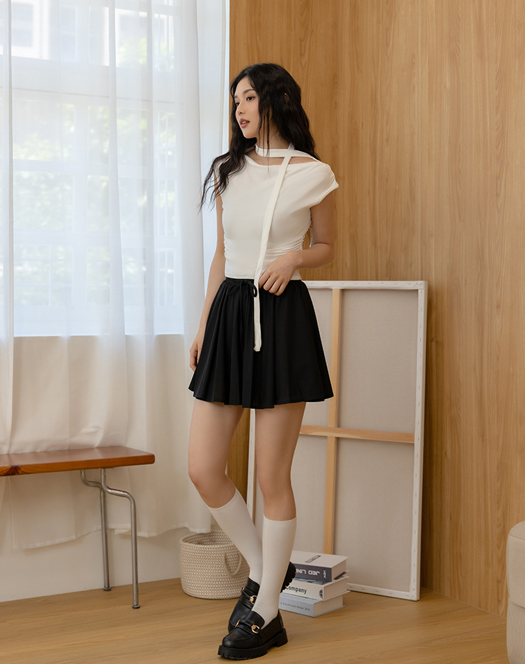 ELASTIC DRAWSTRING SOLID COLOR CASUAL SKIRT