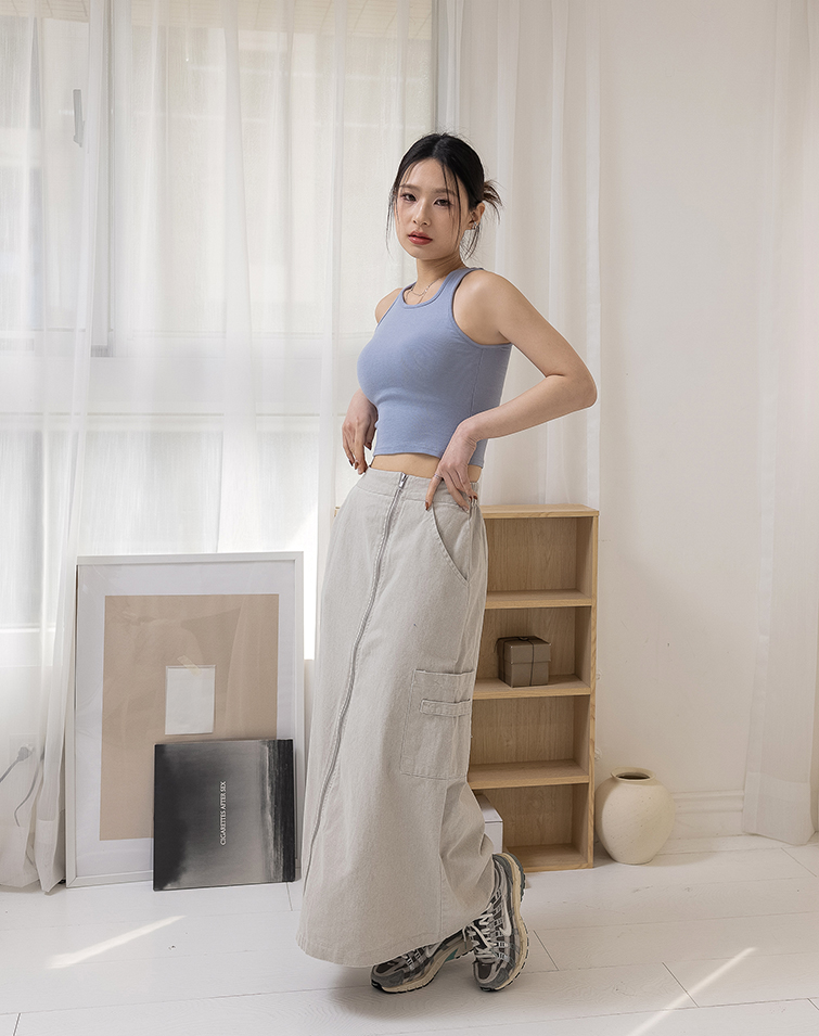 ZIPPER ELASTIC WAISTBACK LONG SKIRT