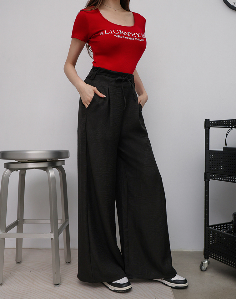 SOLID COLOR TEXTURED TIE-WAIST PANTS